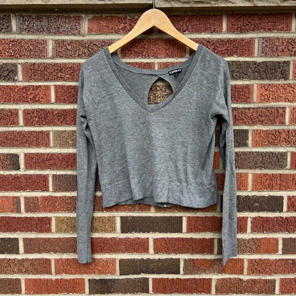 Express Gray Marled V Neck Open Back Cropped Pullover Zip Sweater